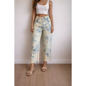 REFORMATION Tie-Dye Blue Cream Petite Wide Crop Raw Hem Denim Jeans Womens 27